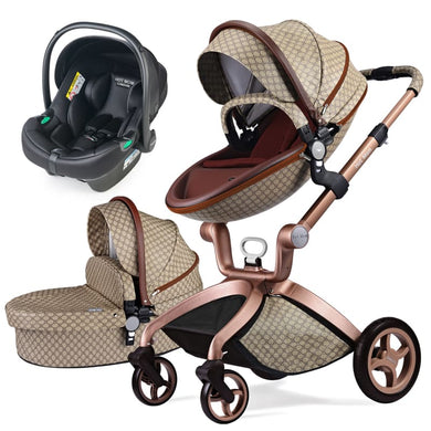 Hot Mom - Elegance F022 - 3 in 1 Baby Stroller - Grid with grey car seat - Grid with grey car seat / International - Baby Stroller