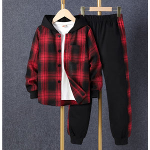 Toddler Kids Baby Boys 2Pcs Spring Autumn Outfits Long Sleeve Plaid Print Hooded Shirt Jacket and Pants Set 1-5T - Style 2 / 6-7Y