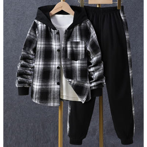 Toddler Kids Baby Boys 2Pcs Spring Autumn Outfits Long Sleeve Plaid Print Hooded Shirt Jacket and Pants Set 1-5T - Style 1 / 6-7Y