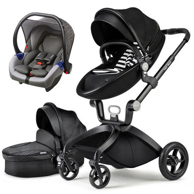 Hot Mom - Elegance F022 - 3 in 1 Baby Stroller - Black with Grey Car Seat