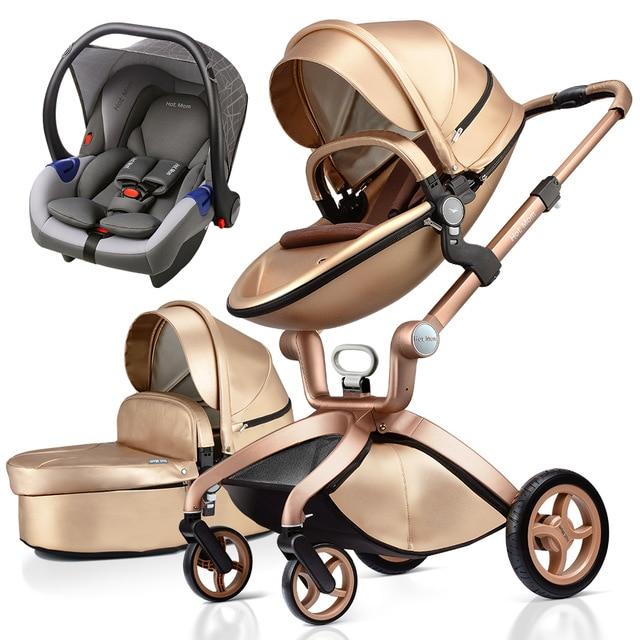 Hot Mom - Elegance F022 - 3 in 1 Baby Stroller - Gold with Grey Car Seat