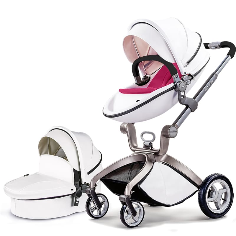 Hot Mom - Elegance F022 - 2 in 1 Baby Stroller - White - Pink - Baby Stroller